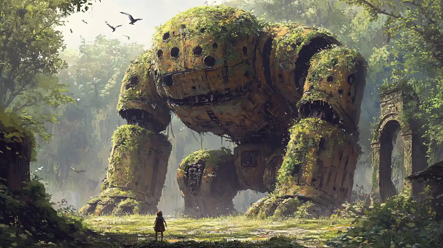 Ancient moss covered robot statue in a magical forest glade
