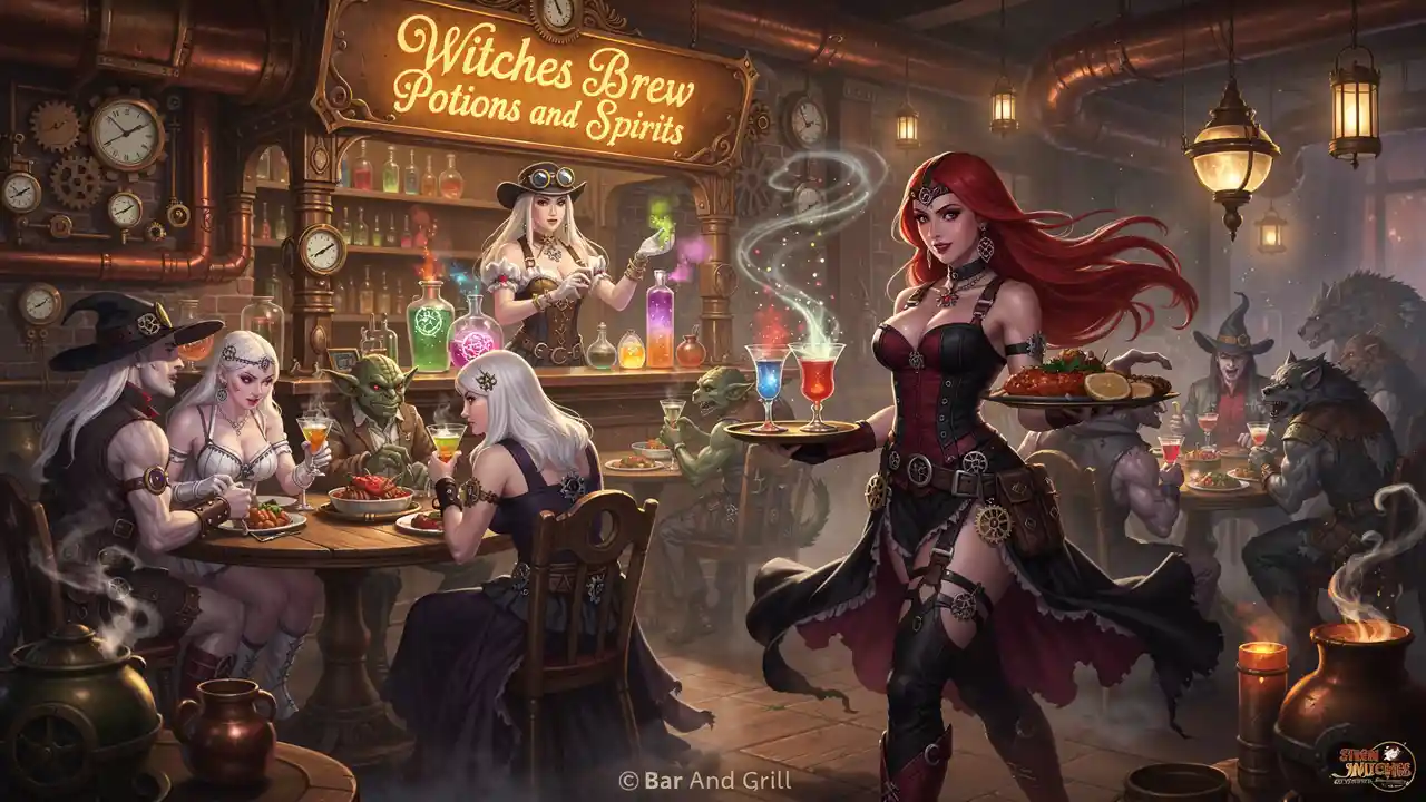 Steampunk-Weiße Hexe bedient eine lebhafte Fantasy-Bar