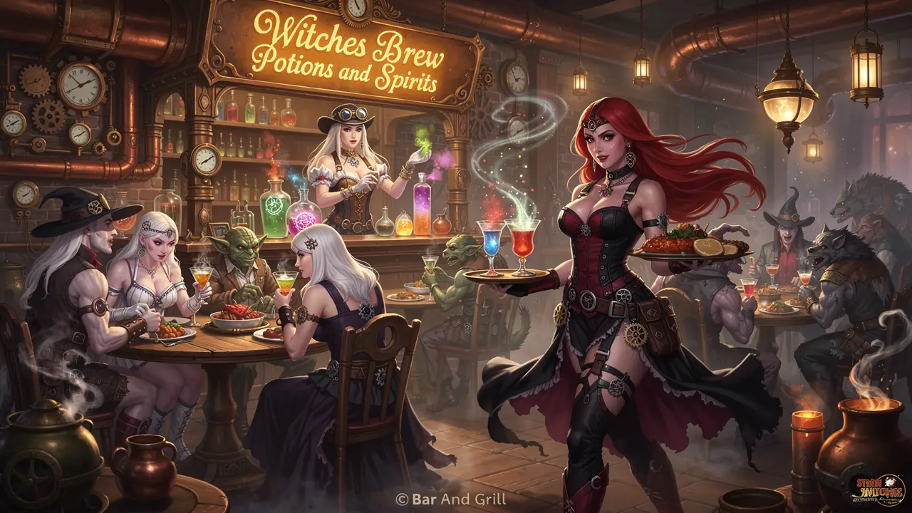 Steampunk-Weiße Hexe bedient eine lebhafte Fantasy-Bar