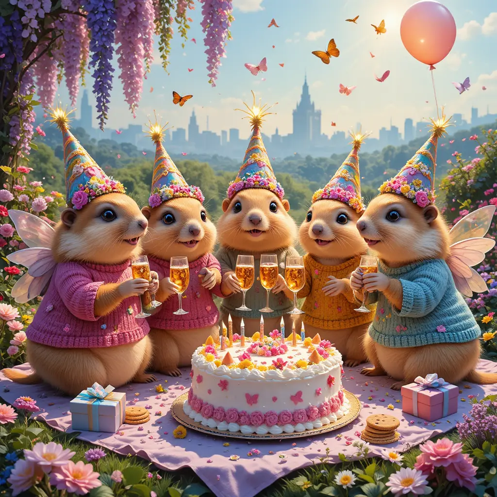 Groundhogs Celebrating A Birthday Picnic In A Sunny Garden