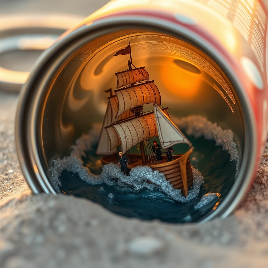 Vintage soda can ship miniature on a sandy beach