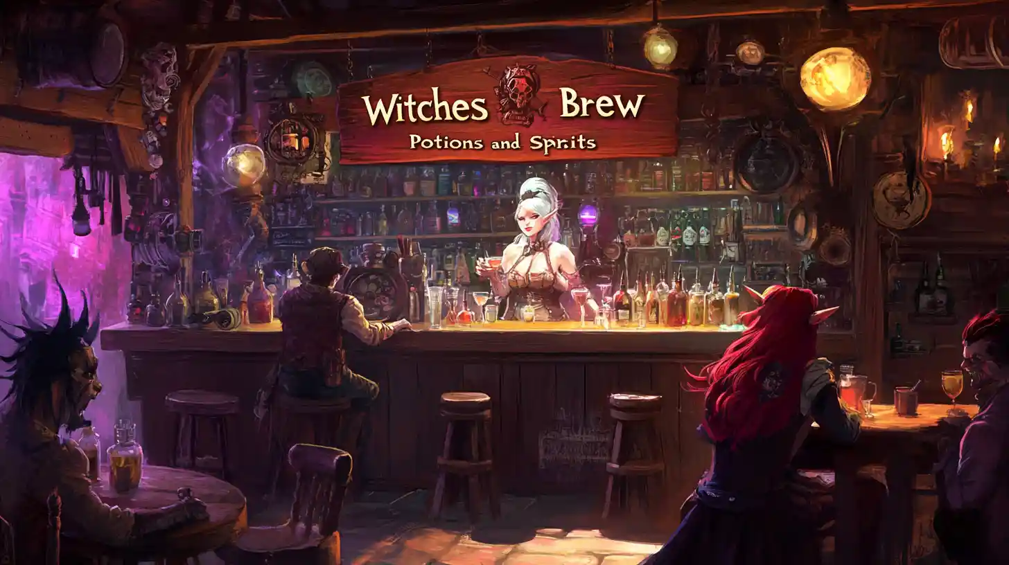 Barista strega steampunk in un bar fantasy magico