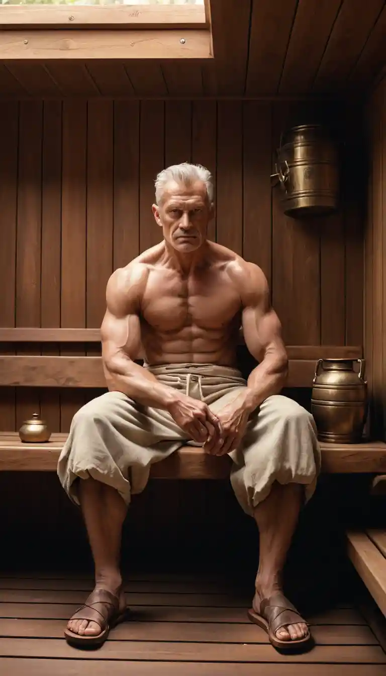 Contemplative warrior resting on a bench in a wooden sauna