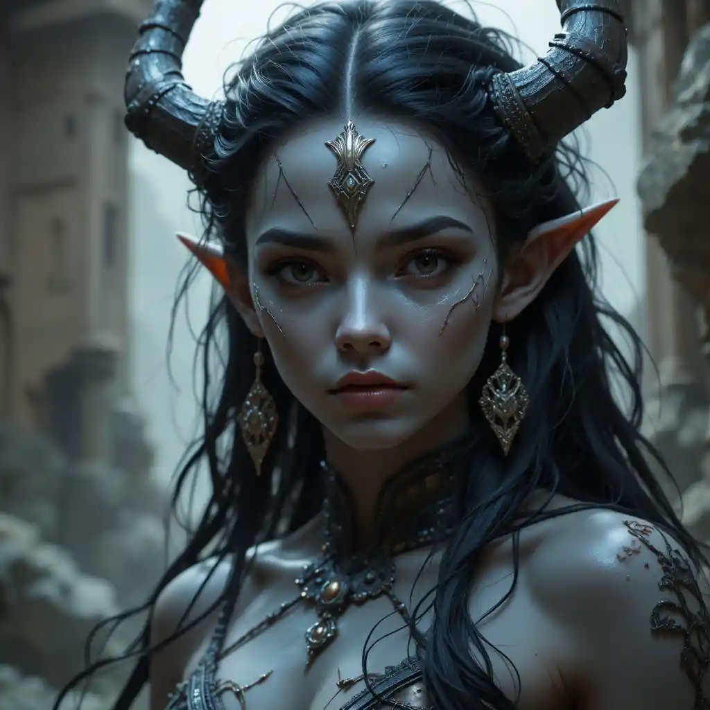 Elder goddess of tragic death with ashen skin and red eyes
