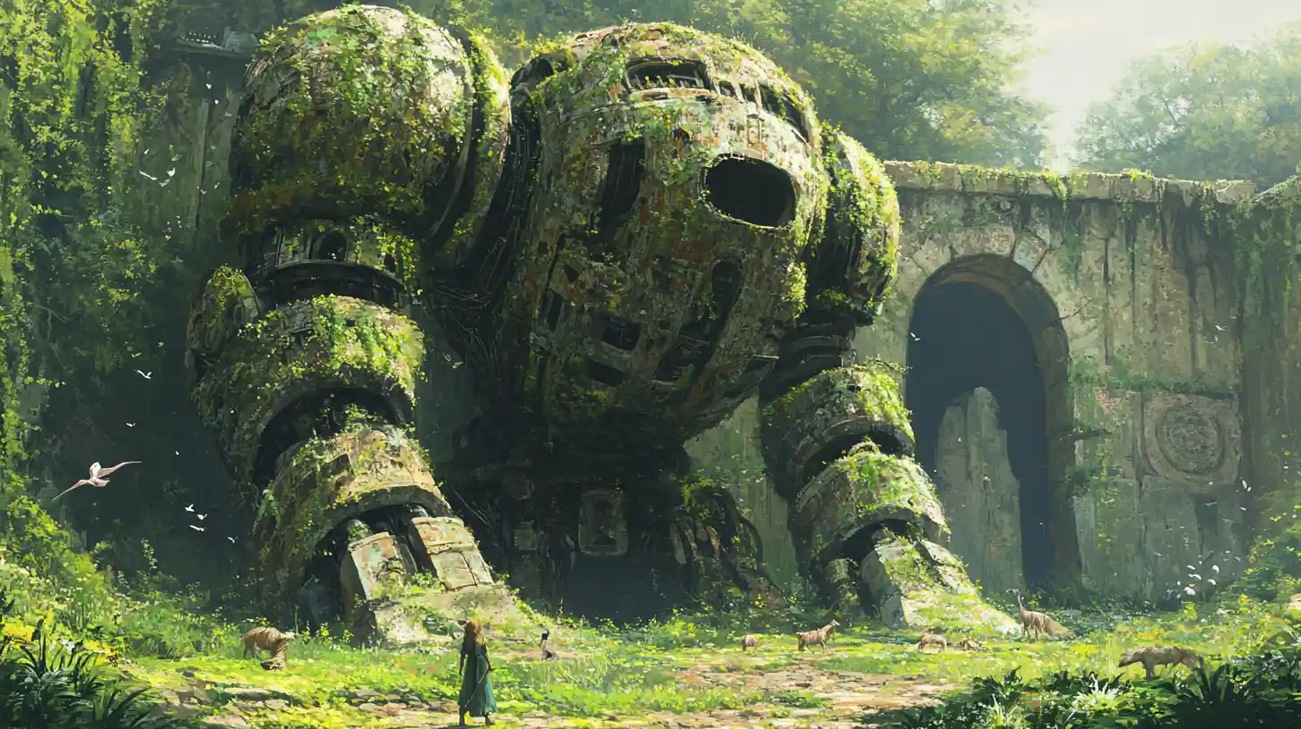 Giant moss covered robot statue in an ancient forest glade
