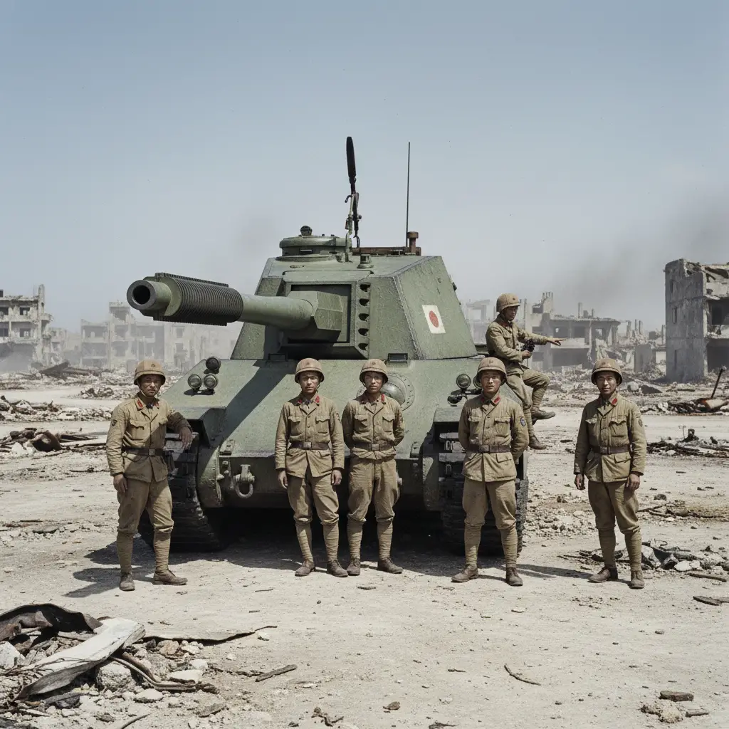 Japanese heavy tank crew in ruined wartime landscape