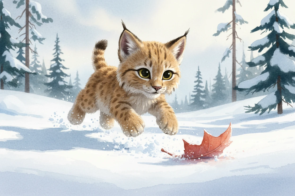 Chaton lynx en aquarelle bondissant sur une feuille dans une forêt enneigée