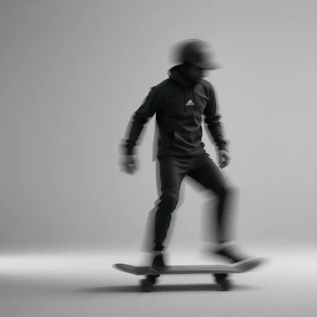 Verschwommener Skateboarder in Bewegung vor neutralem abstraktem Hintergrund