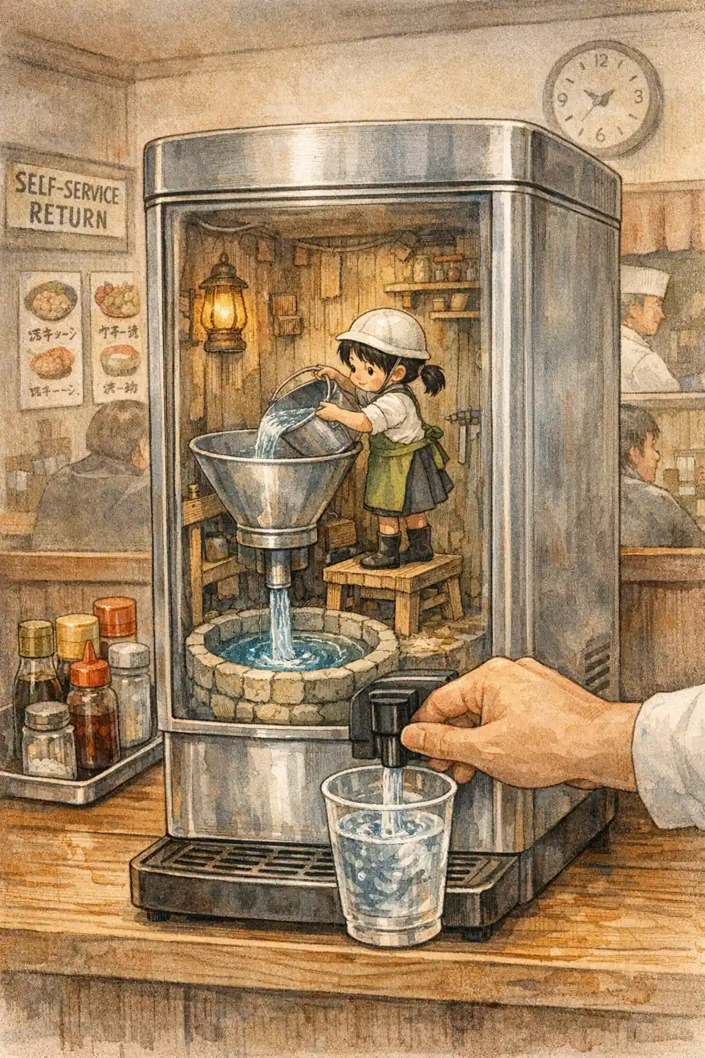 Erogatore d’acqua fiabesco con officina in miniatura all’interno