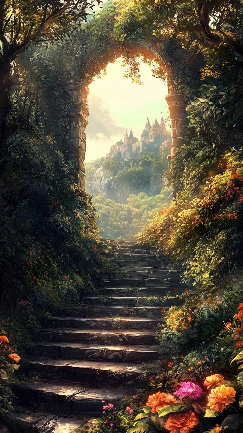 Escalier de pierre fantastique menant à un château lointain baigné de soleil