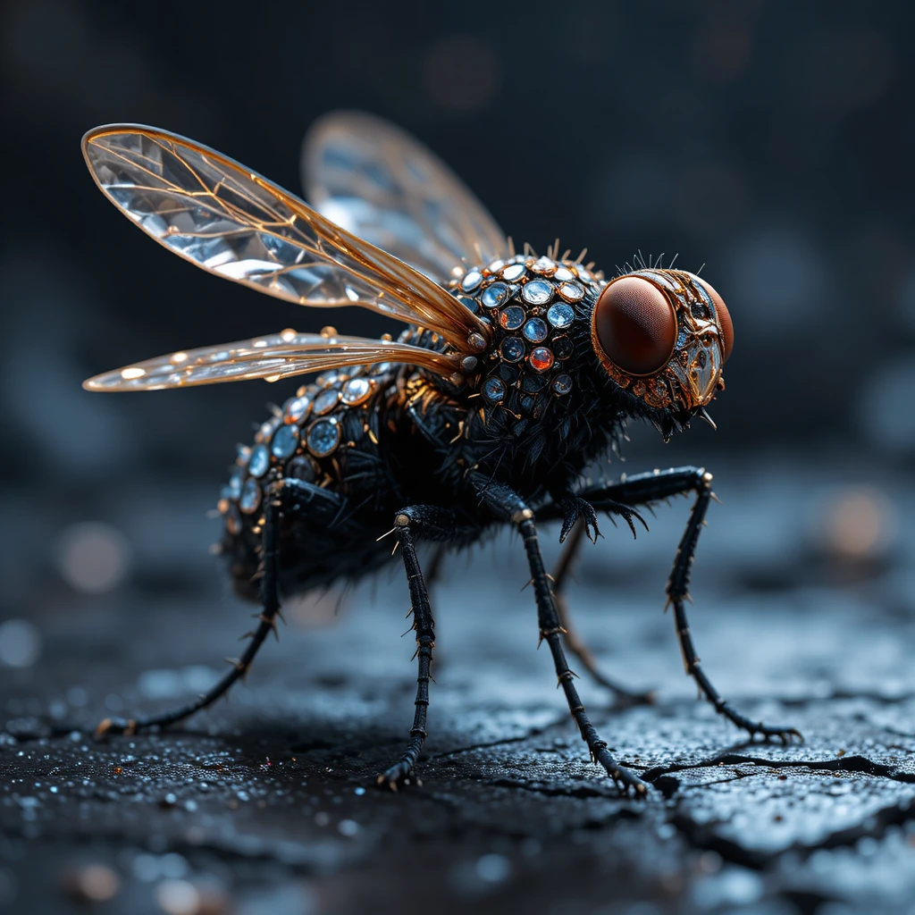 Jewel encrusted fly macro on dark textured surface