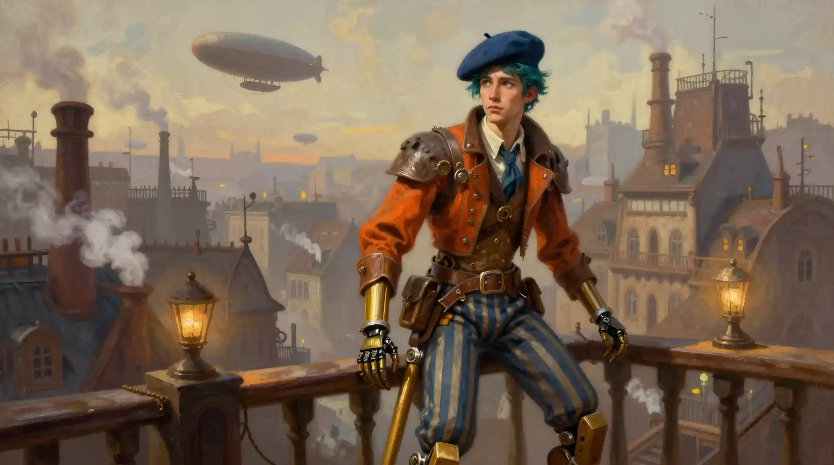 Young man on balcony in steampunk city at warm sunset
