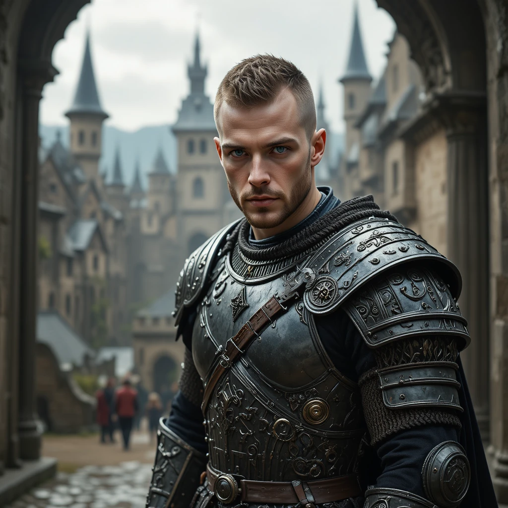 Warrior man in medieval armor at city entrance