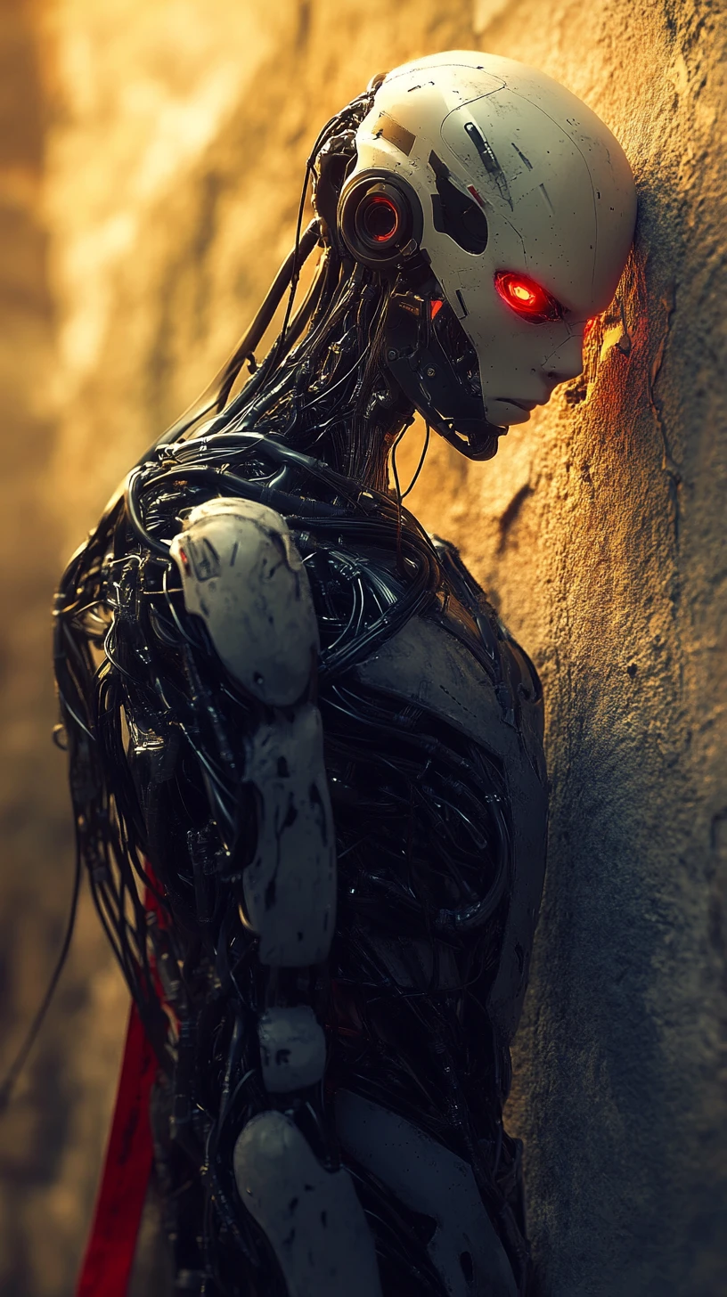 Cyborg mit leuchtend roten Augen lehnt an urbaner Wand