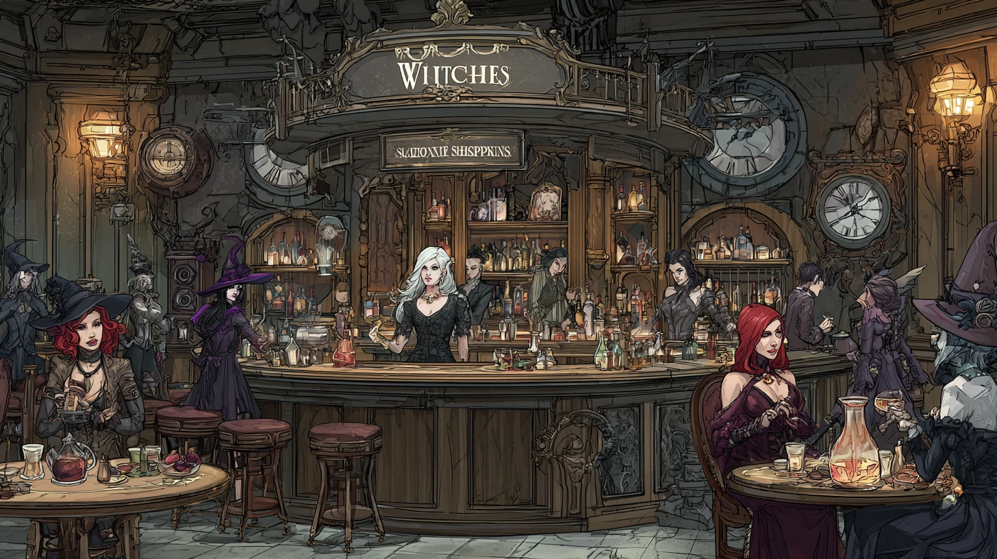 Steampunk-Hexen-Barkeeperin in einer belebten Fantasy-Bar