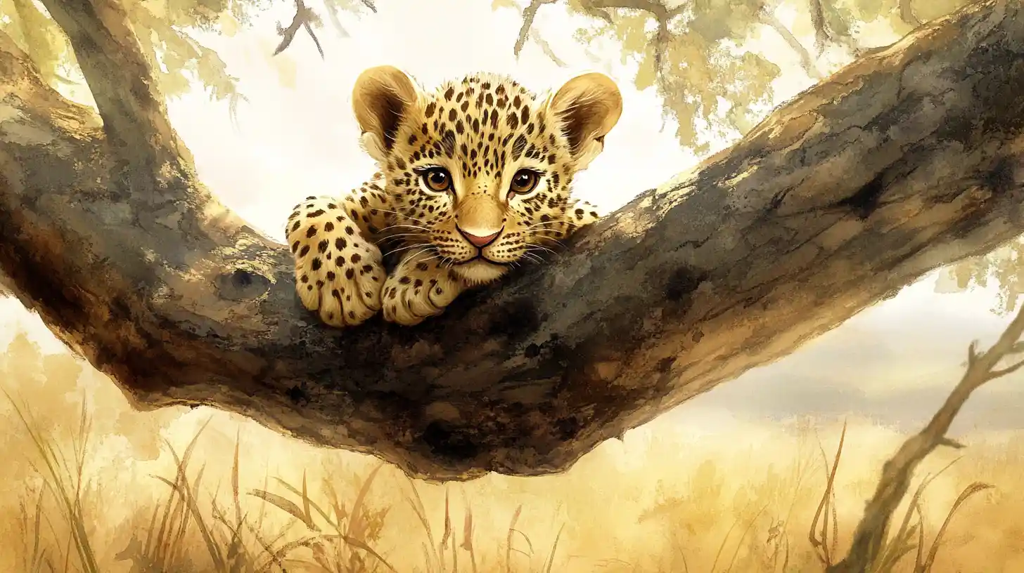 Cucciolo di leopardo ad acquerello che riposa su un’acacia
