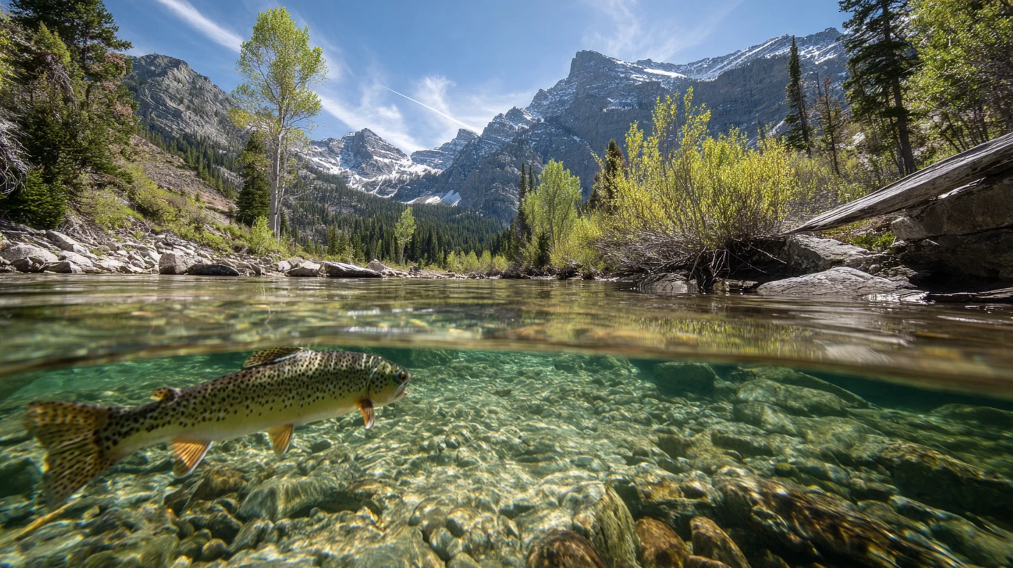 Trota che Risale un Torrente di Montagna Cristallino – Paesaggio Diviso
