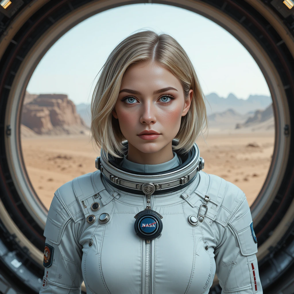 Confident female astronaut in white spacesuit on Mars mission