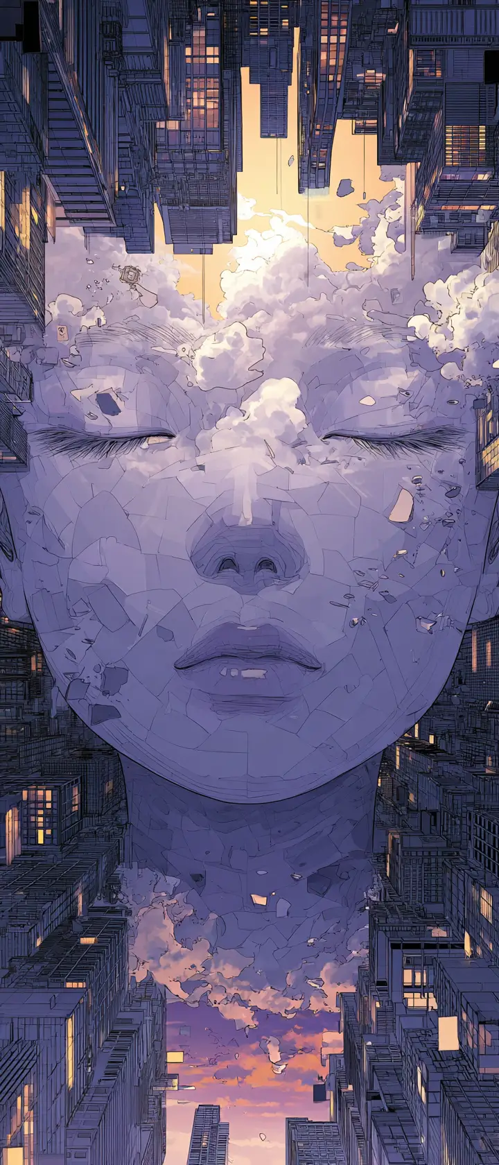 Rostro andrógino fusionado con un horizonte urbano invertido y luminoso