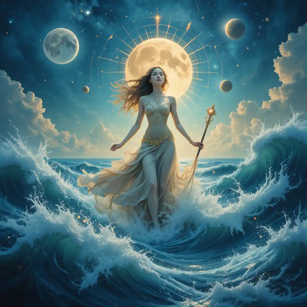 Tide goddess sailing across a luminous celestial ocean