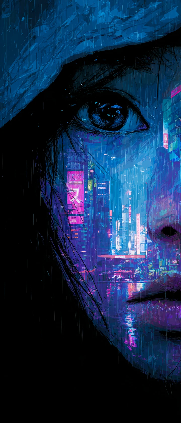 Hooded figure with neon city reflected in shadowed eyes