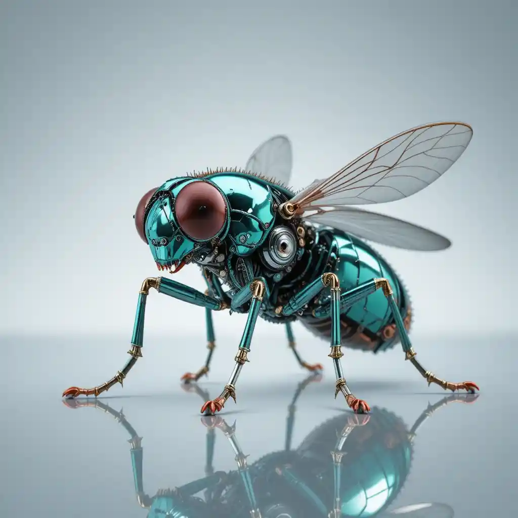 Mosca meccanica su superficie di studio riflettente in macro