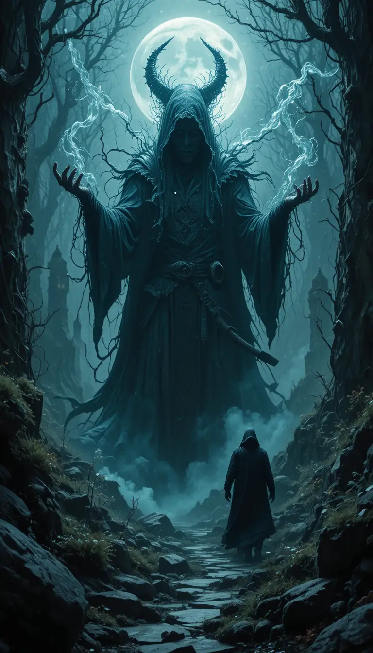 Ritual Oscuro de Brujo con Pícaro Oculto en Sombras a la Luz de la Luna