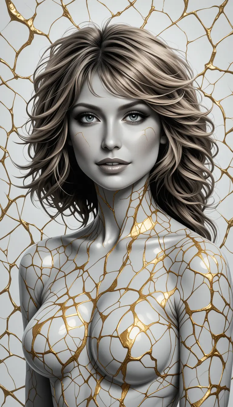 Monochrome portrait of a girl with gold crack body art