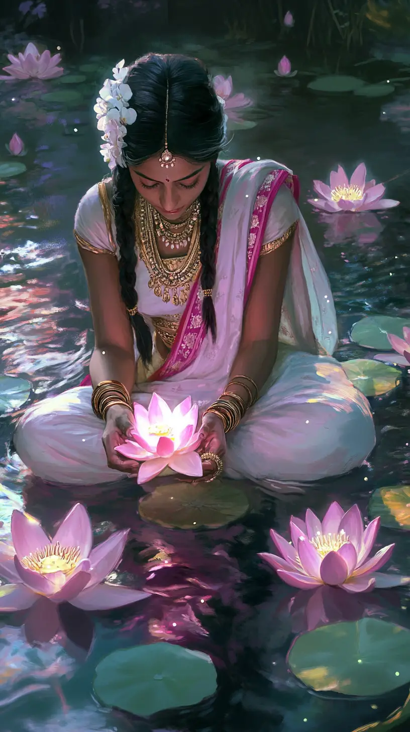 Woman placing glowing lotus flowers on tranquil water