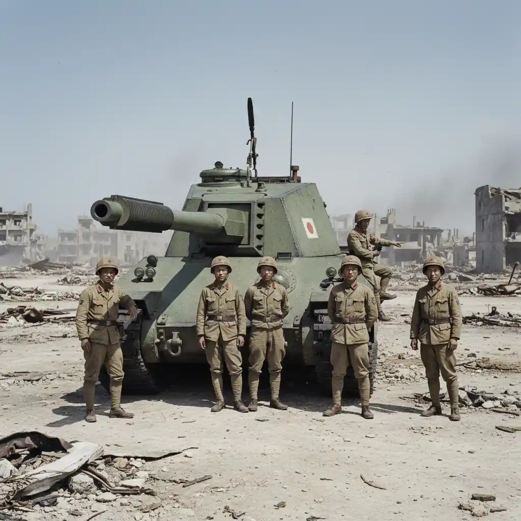 荒廃した戦時風景の日本重戦車乗員