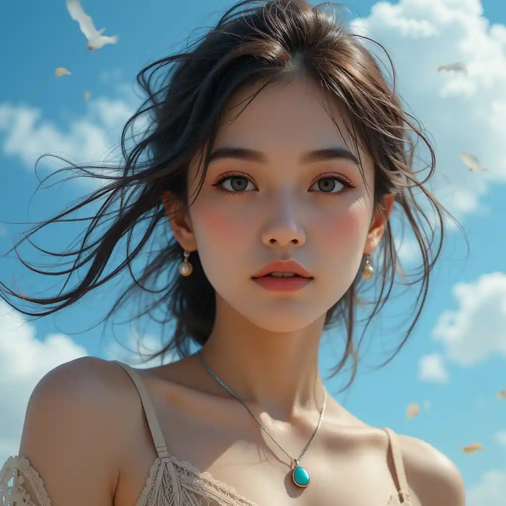 밝은 푸른 하늘을 배경으로 한 젊은 여성의 초상