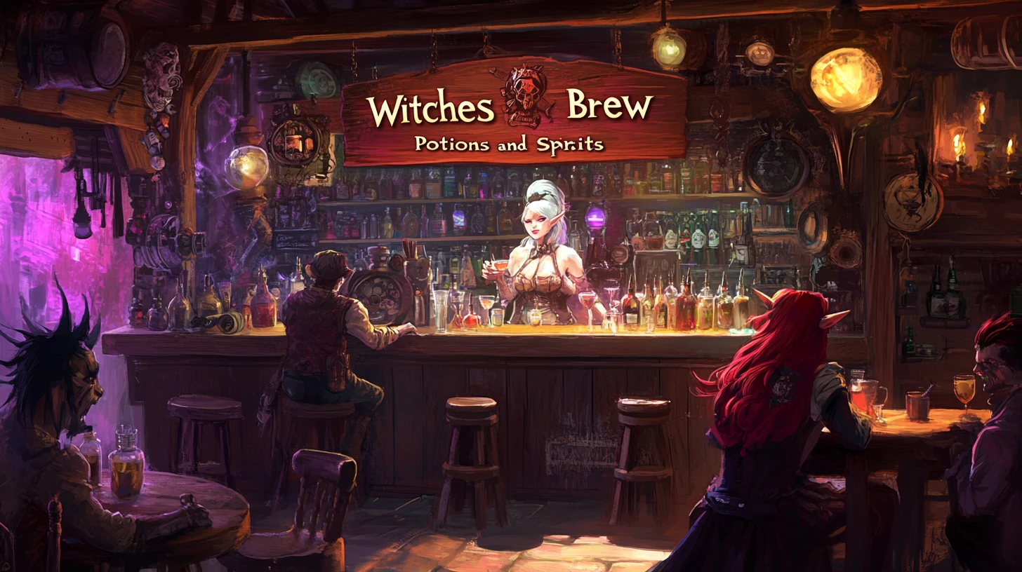 Steampunk witch bartender in a magical fantasy bar
