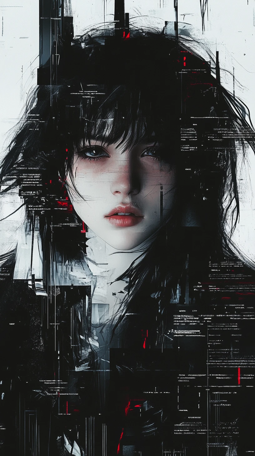 Donna anime angosciata tra forme digitali frammentate e in glitch