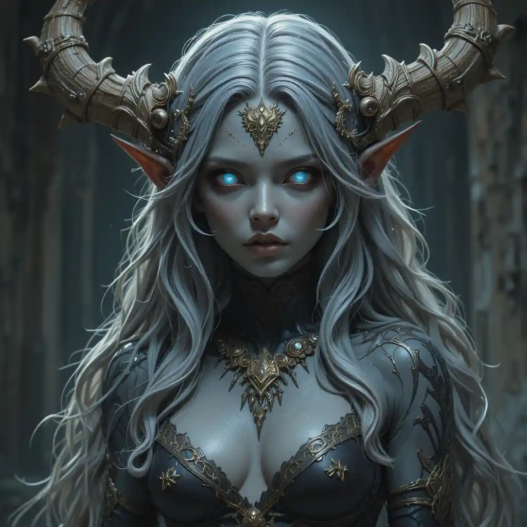 Elder goddess of death with pale gray skin and white eyes