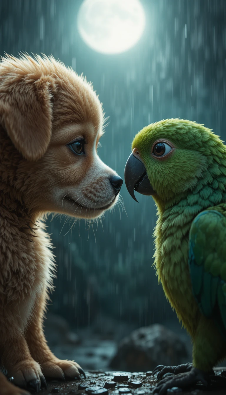 Close‑up Emocionante de Filhote e Papagaio Verde ao Luar