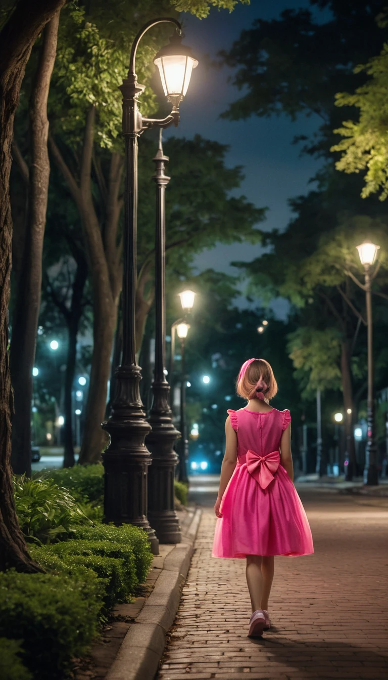 Young girl in pink walking along a night city sidewalk