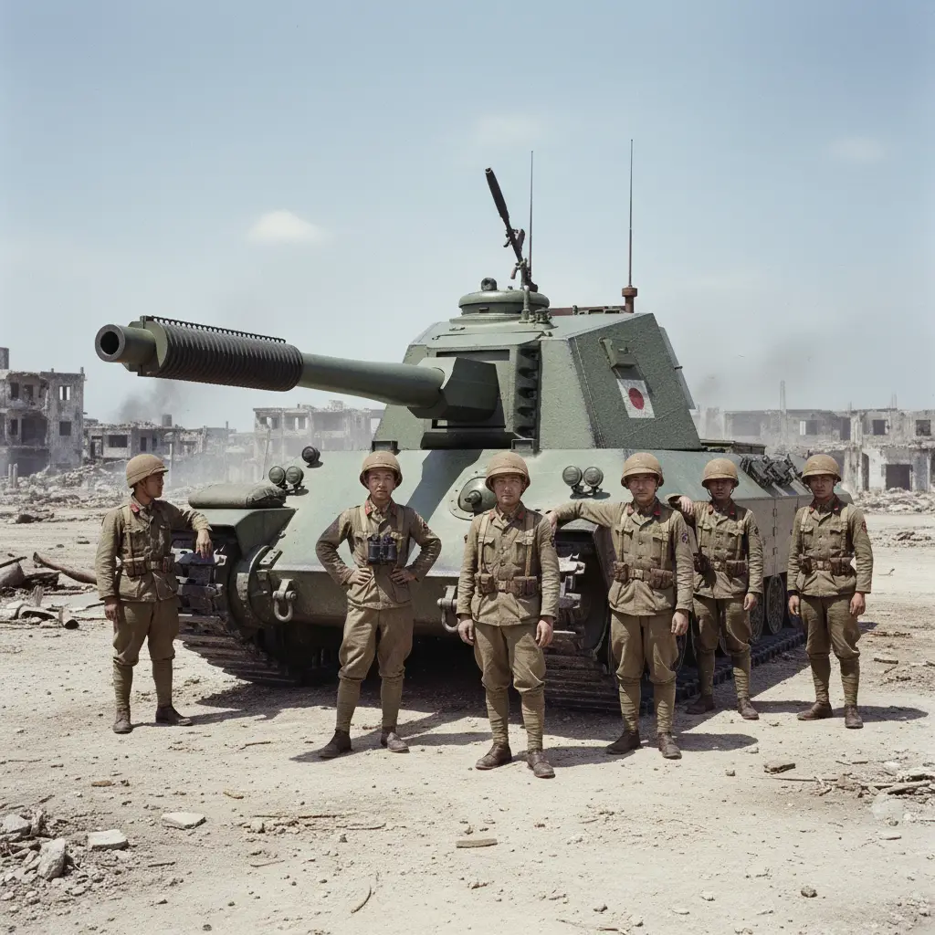 Japanese super heavy tank and crew in war ruins