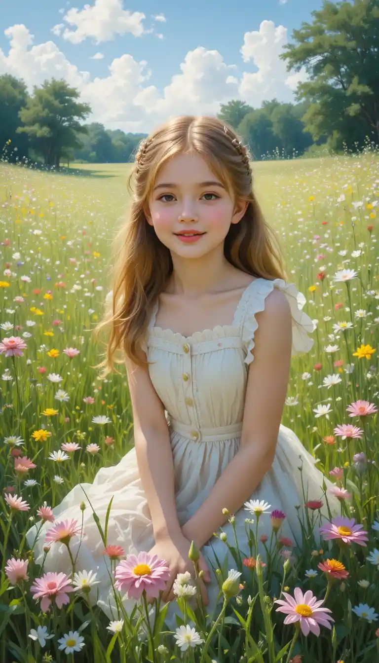 Smiling girl portrait in a sunny green meadow