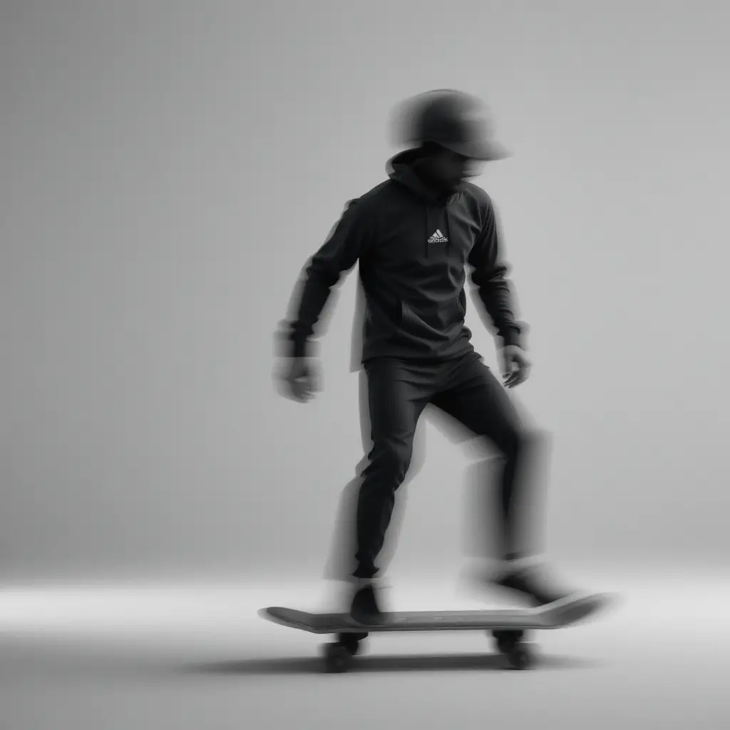 Blurred skateboarder in motion against a neutral abstract background