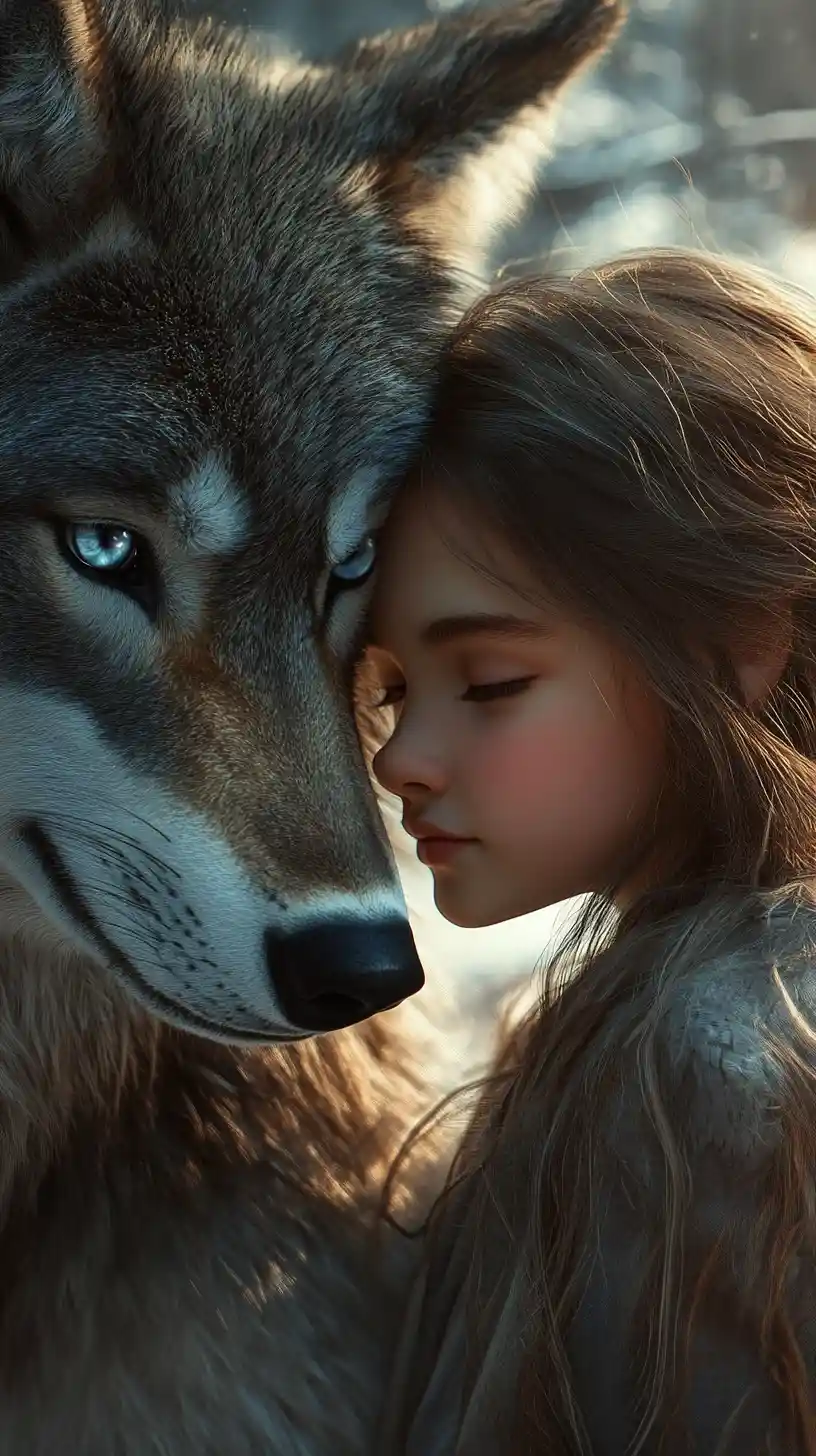Young girl nuzzling a gentle wolf in snowy forest