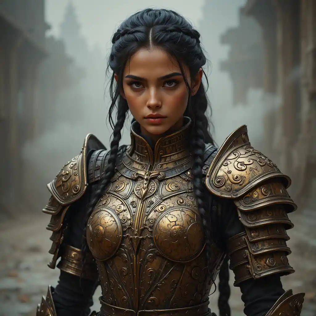Zahnige Fantasy-Kriegerin in kunstvoller Bronze­rüstung