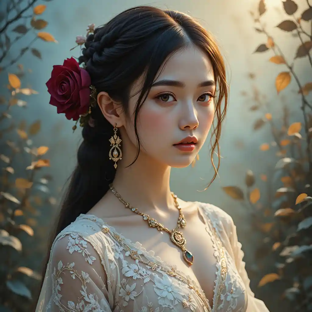 Ragazza nostalgica con rosa cremisi tra le trecce dei capelli scuri