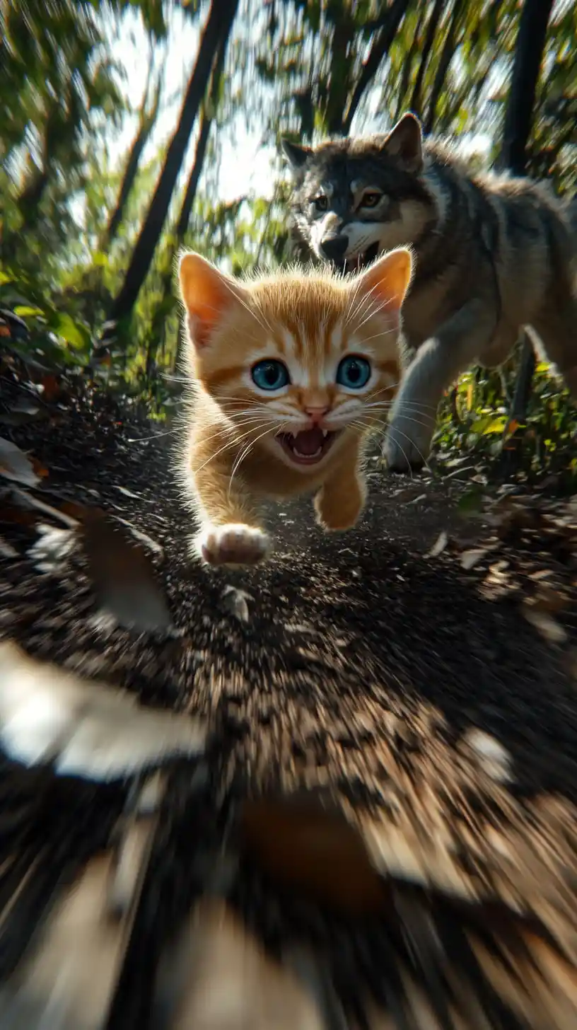 Tiny 3D kitten sprinting in panic down a forest trail
