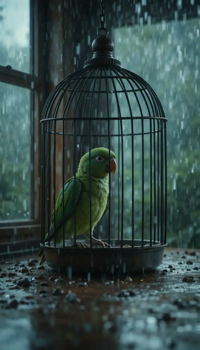 雨天窗邊從敞開鳥籠踏出的綠色鸚鵡