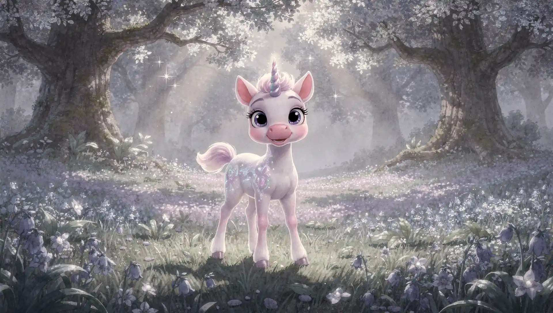 Young unicorn standing in a misty moonlit forest clearing
