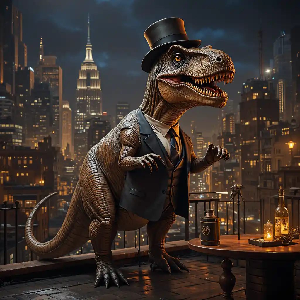 Dapper dinosaur in a suit on a roaring twenties rooftop