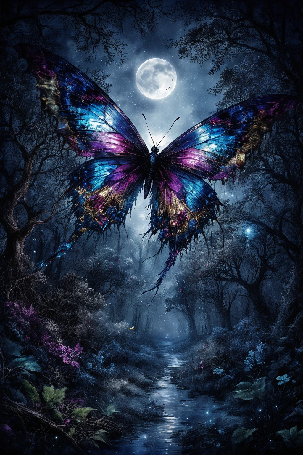Giant torn wing butterfly over a moonlit forest clearing