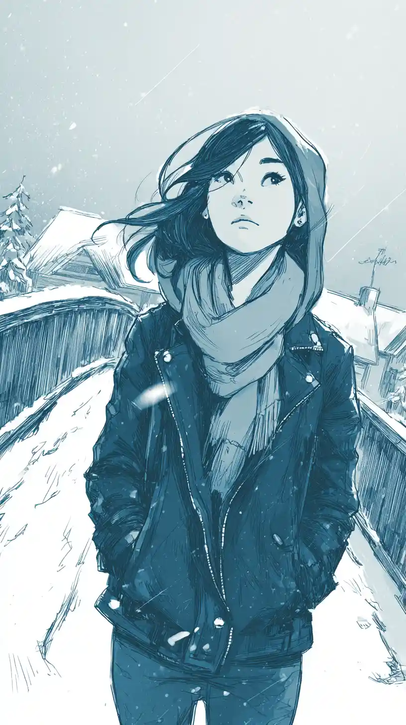 Young woman walking alone across a snowy bridge