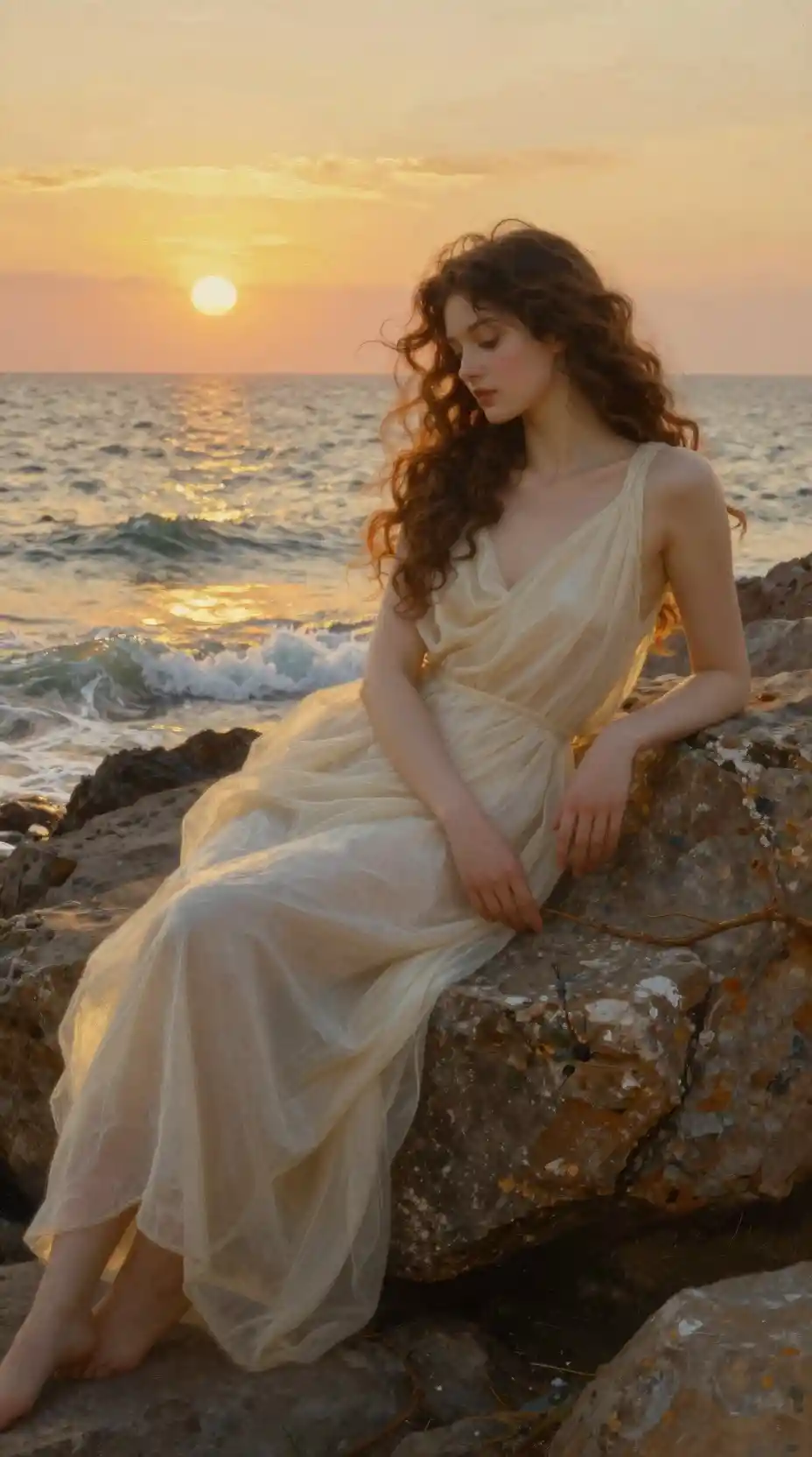 Romantic woman on seaside rock in sunset glow