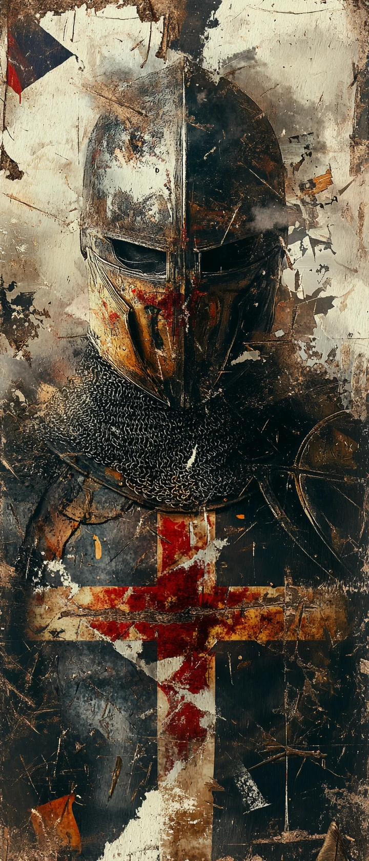 Ritratto monocromatico frammentato di un cavaliere templare nel fumo